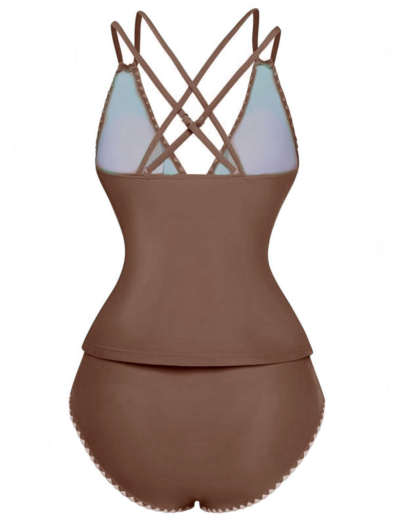 1940er Farbblock Tiefer V-Ausschnitt Rücken-Kreuzung Tankini Set