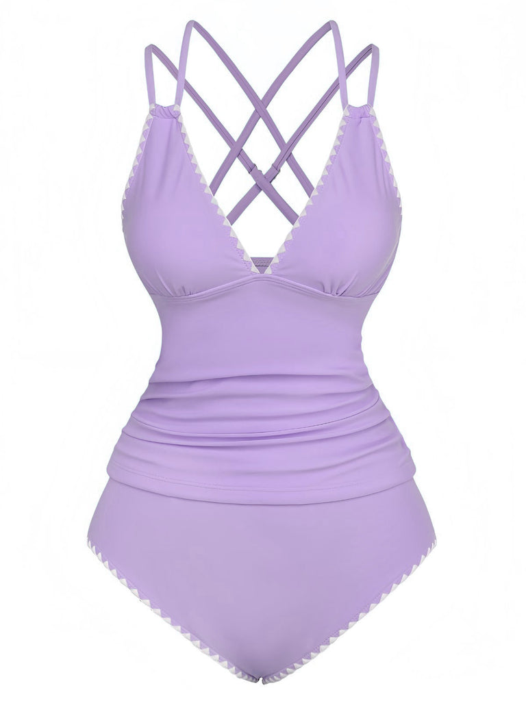 1940er Farbblock Tiefer V-Ausschnitt Rücken-Kreuzung Tankini Set