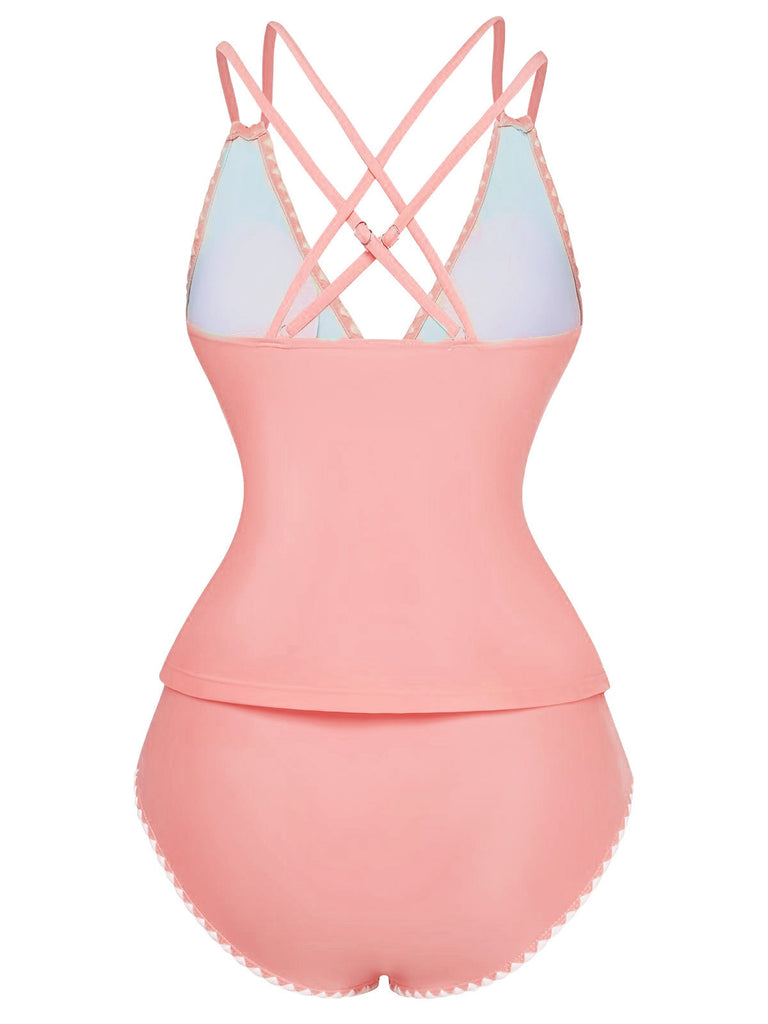 1940er Farbblock Tiefer V-Ausschnitt Rücken-Kreuzung Tankini Set