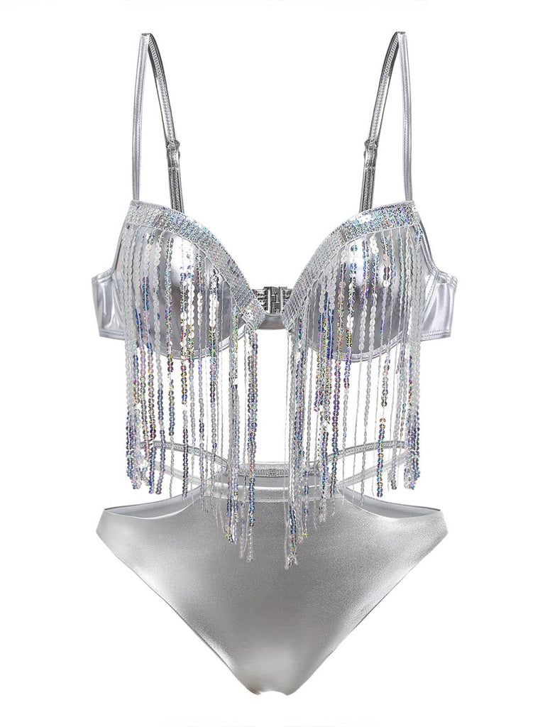 Silber 1970er Holographisch Pailletten Fransen Bikini Set