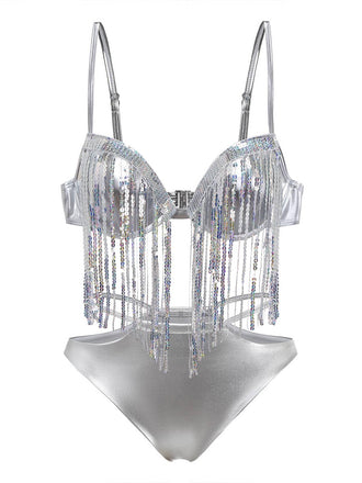 Silber 1970er Holographisch Pailletten Fransen Bikini Set