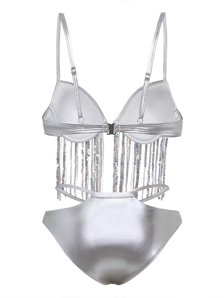 Silber 1970er Holographisch Pailletten Fransen Bikini Set