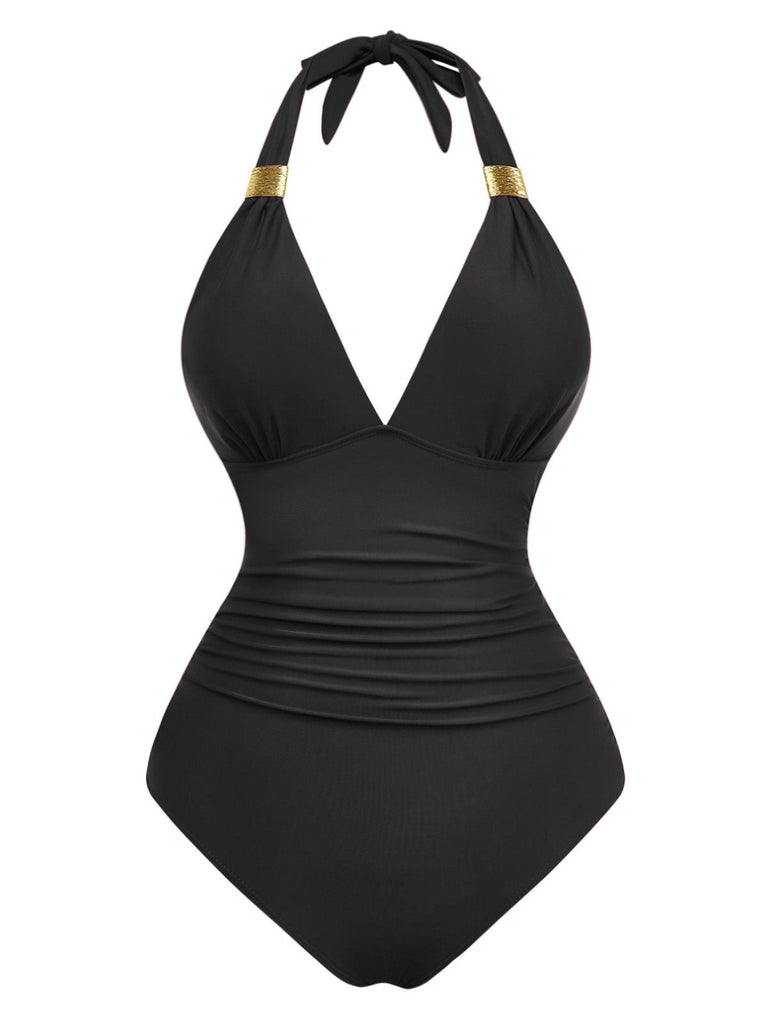 1940er Solide Tief V Halter Gerafft Einteiliger Badeanzug