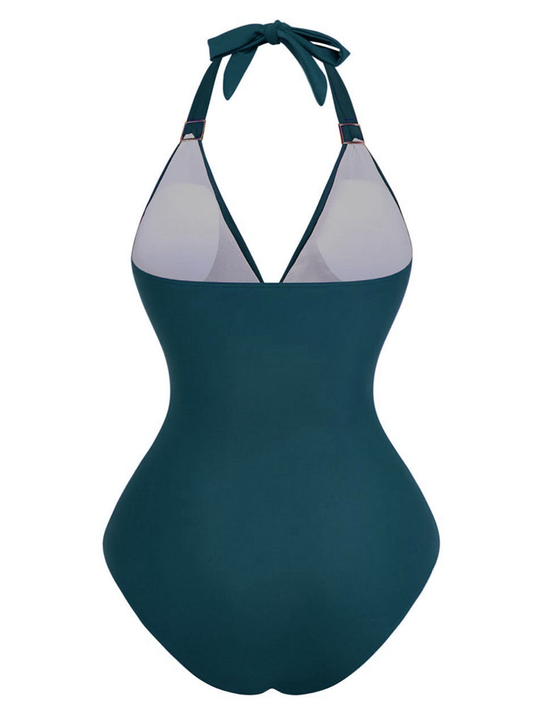 1940er Solide Tief V Halter Gerafft Einteiliger Badeanzug