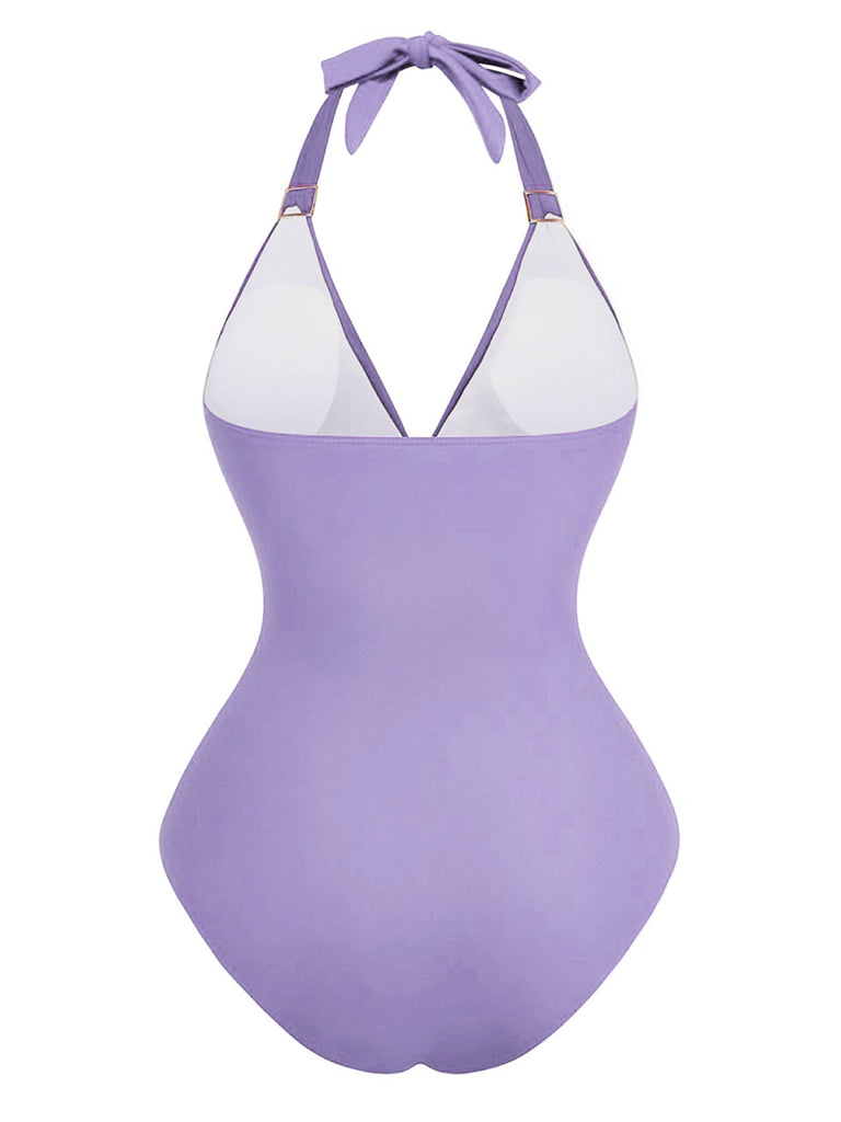 1940er Solide Tief V Halter Gerafft Einteiliger Badeanzug