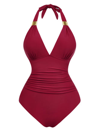 1940er Solide Tief V Halter Gerafft Einteiliger Badeanzug
