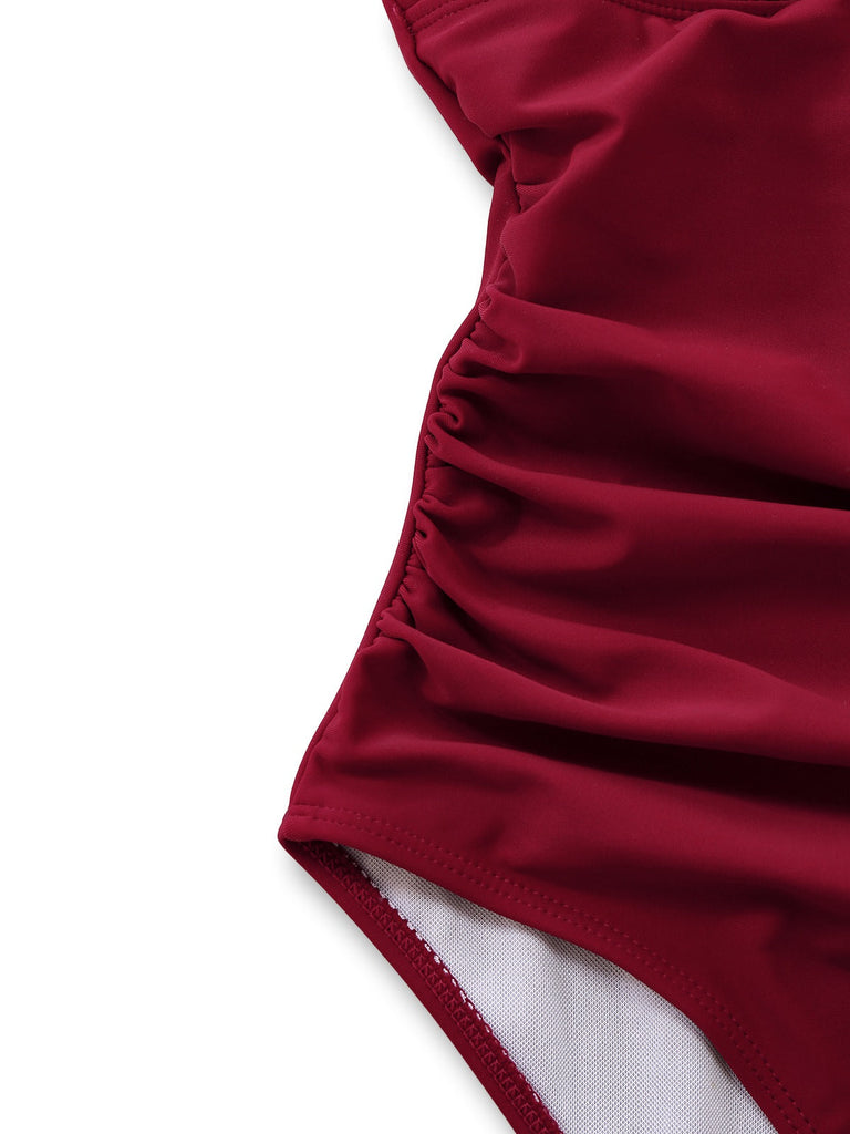 1940er Solide Tief V Halter Gerafft Einteiliger Badeanzug