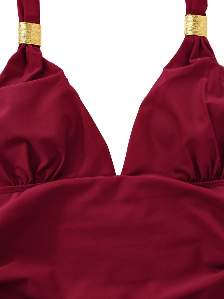 1940er Solide Tief V Halter Gerafft Einteiliger Badeanzug