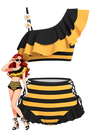 [Vorverkauf] Gelb 1940er Biene Streifen Gänseblümchen Rüschen Bikini Set