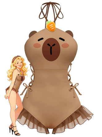 [Vorverkauf] Braun 1960er Capybara Druck Schnürung Einteilig Badeanzug