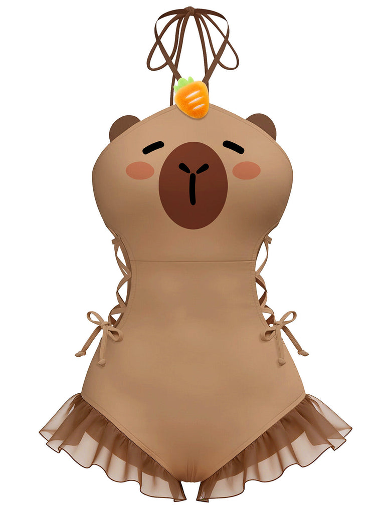 [Vorverkauf] Braun 1960er Capybara Druck Schnürung Einteilig Badeanzug