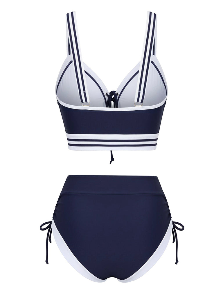 [Vorverkauf] Blau 1940er Nautisch Streifen Schnürung Bikini Set
