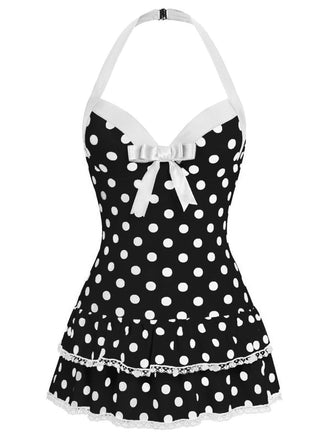 Schwarz 1940er Halter Polka Dots Schleife Einteiliger Badeanzug