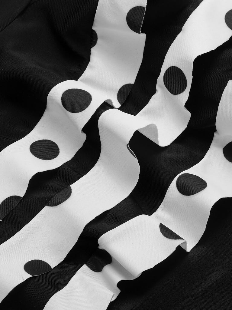 [Vorverkauf] Schwarz Weiß 1950er Dots Wavy Gurt Badeanzug