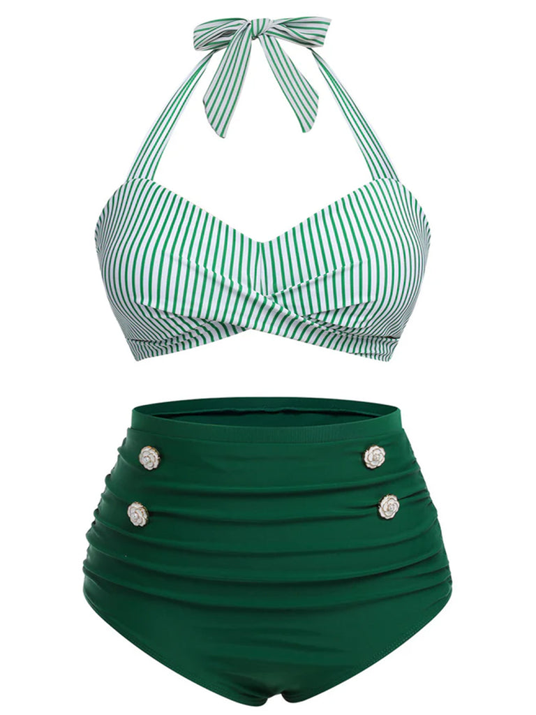 [Übergröße] Grün 1940er Gestreiftes Halter Badeanzug