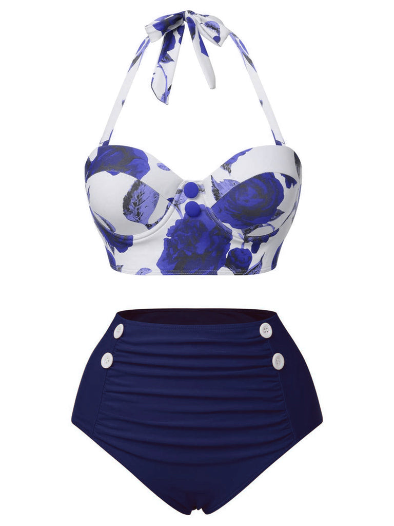 [Vorverkauf] Blau 1960er Halter Roses Badeanzug