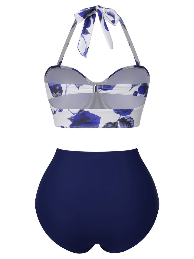 [Vorverkauf] Blau 1960er Halter Roses Badeanzug