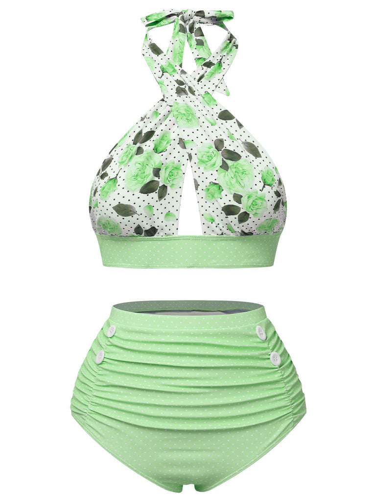 Rosa 1940er Blumen Cross Halter Badeanzug