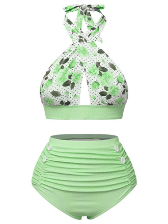 Grün 1940er Blumen Cross Halter Badeanzug