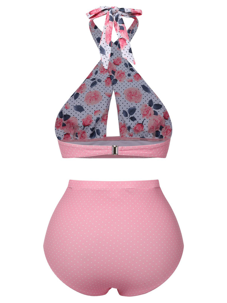 Rosa 1940er Blumen Cross Halter Badeanzug