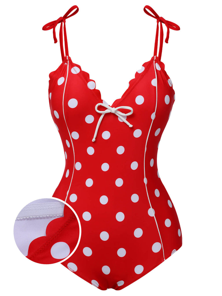 [Vorverkauf] Rot 1950er Polka Dot Schulterbindung Badeanzug