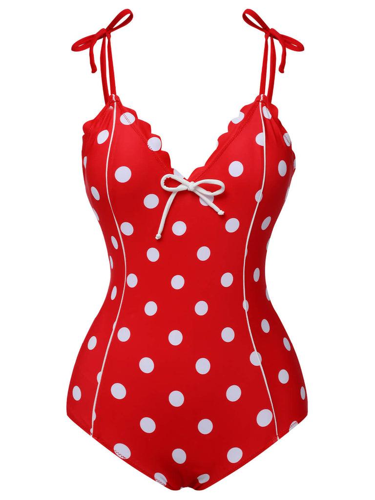 [Vorverkauf] Rot 1950er Polka Dot Schulterbindung Badeanzug