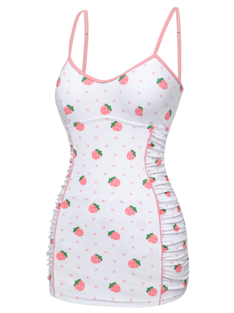 [Vorverkauf] Weiß & Rosa 1950er Erdbeere Plissiertes Badeanzug