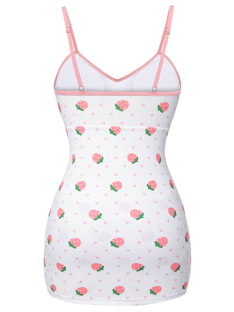 [Vorverkauf] Weiß & Rosa 1950er Erdbeere Plissiertes Badeanzug