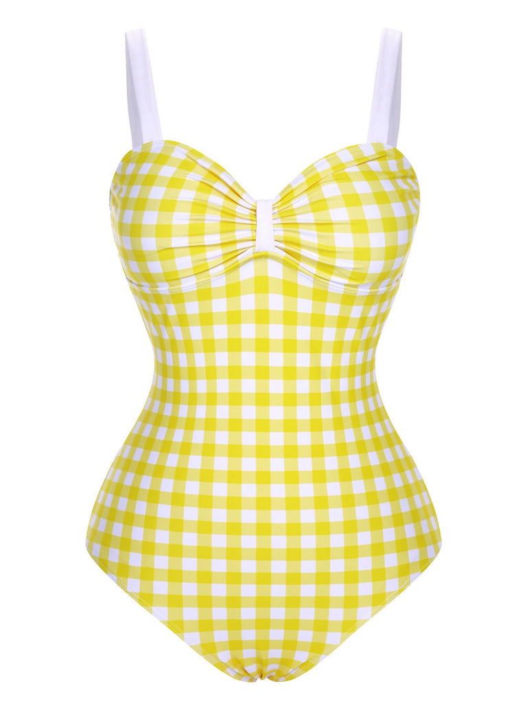 [Vorverkauf] Gelb 1950er Plaid Gurt Plissiertes Badeanzug