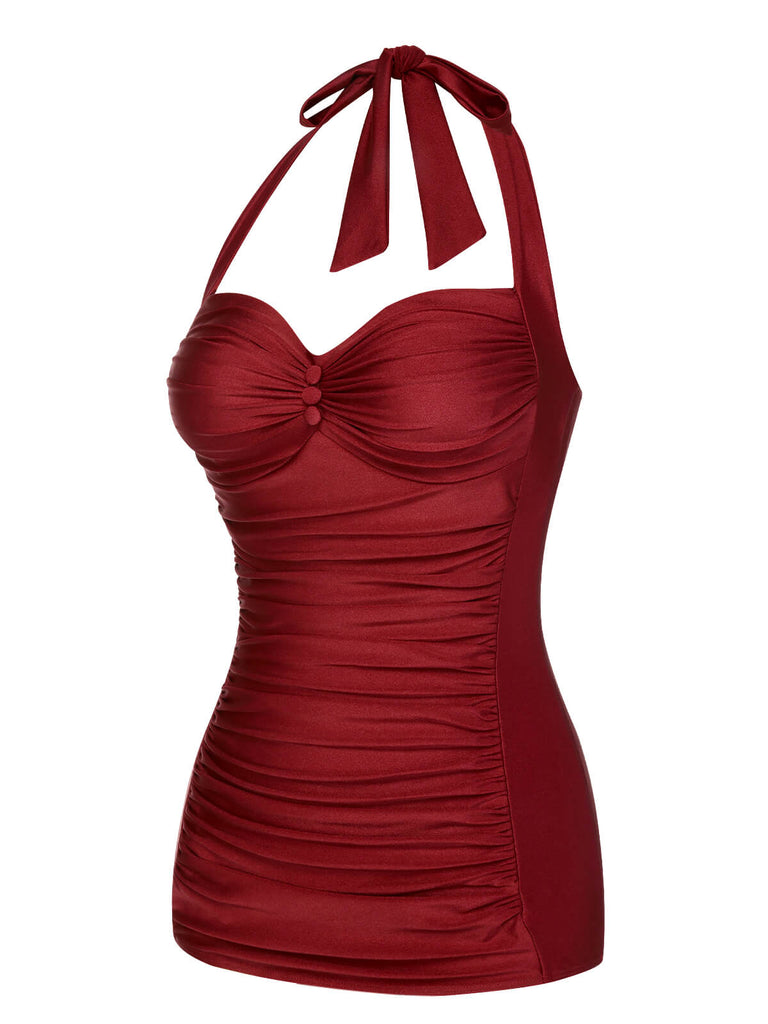 [Vorverkauf] Rot 1950er Solide Halter Falten Badeanzug