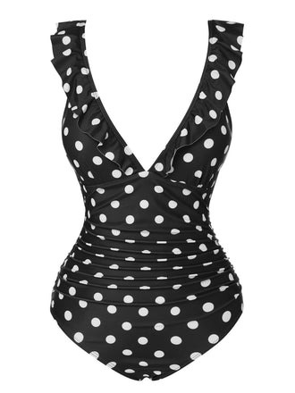 Schwarz 1950er Polka Dot Rüsche V-Ausschnitt Badeanzug