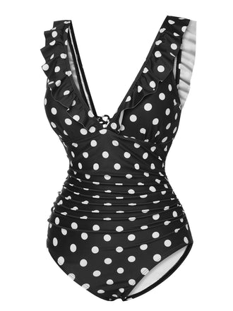 Schwarz 1950er Polka Dot Rüsche V-Ausschnitt Badeanzug