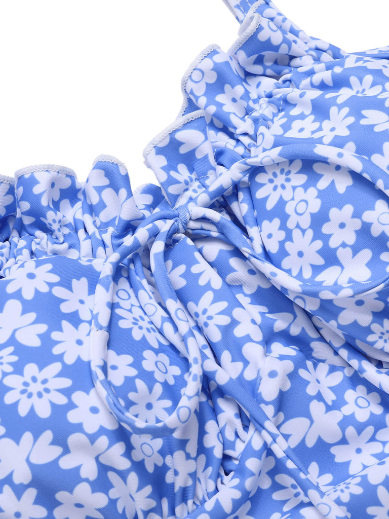 [Vorverkauf] Blau 1950er Gänseblümchen Blumen Strap Badeanzug