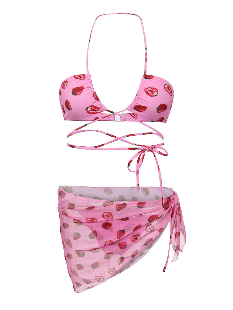 Rosa 1950er Erdbeere In der Taille Binden Halter Bikini Anzug