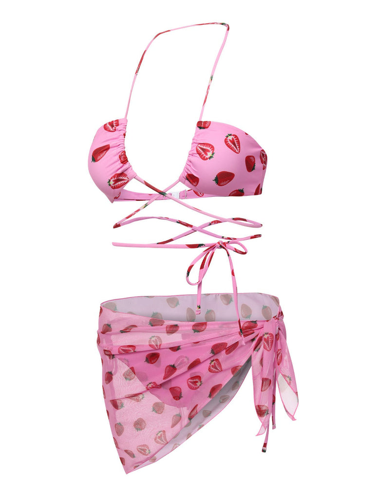 Rosa 1950er Erdbeere In der Taille Binden Halter Bikini Anzug