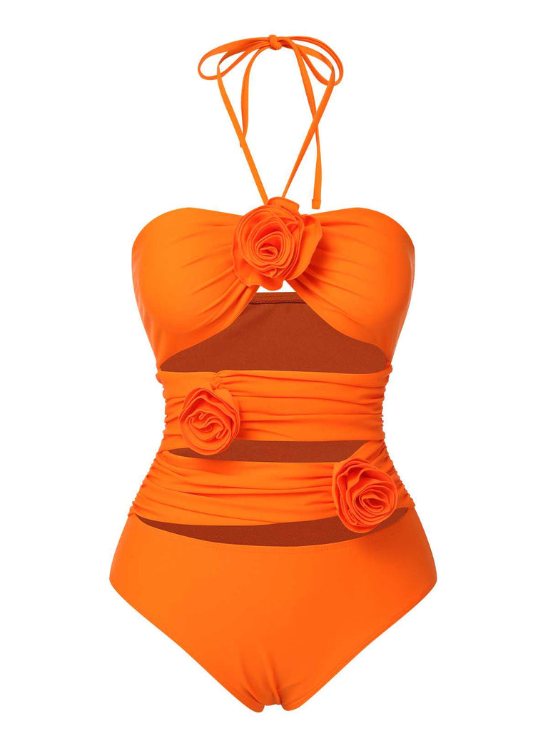 Orange Rot 1950er Halter 3D-Blumen Einteiliger Badeanzug