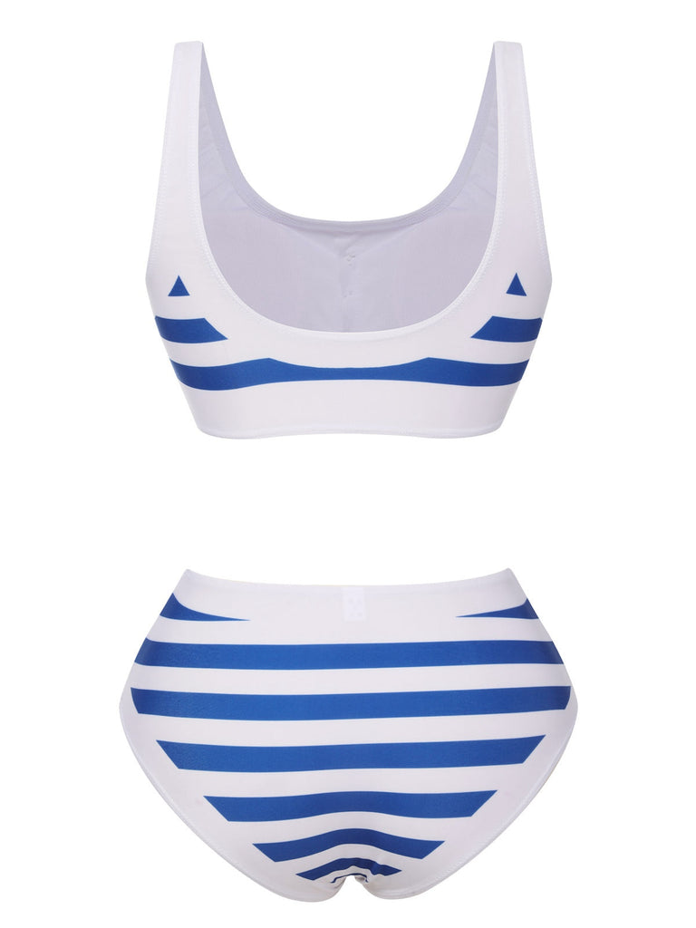 Blau & Weiß 1950er Streifen Knöpfen Badeanzug