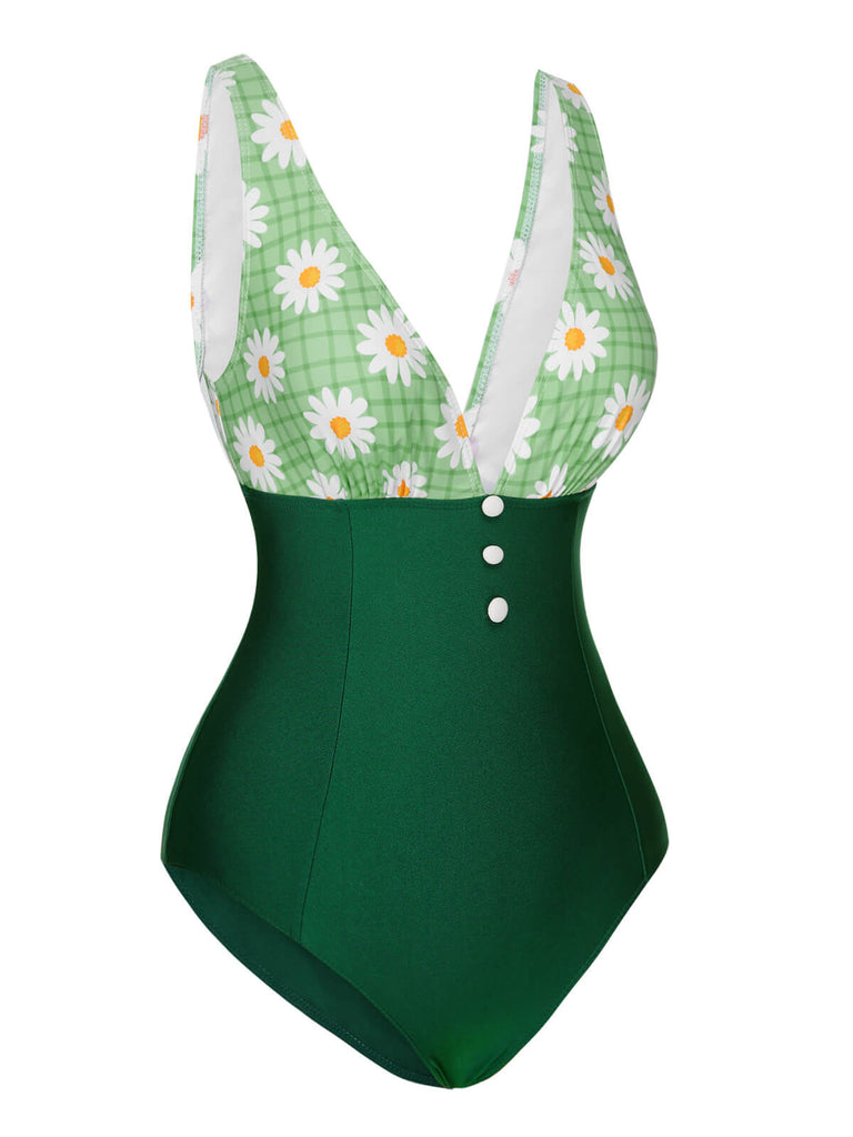 [Vorverkauf] Grün 1940er Gänseblümchen Patchwork Einteiliger Badeanzug