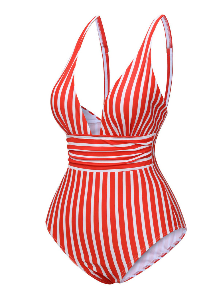 1950er Streifen Spaghetti Träger Einteiliger Badeanzug