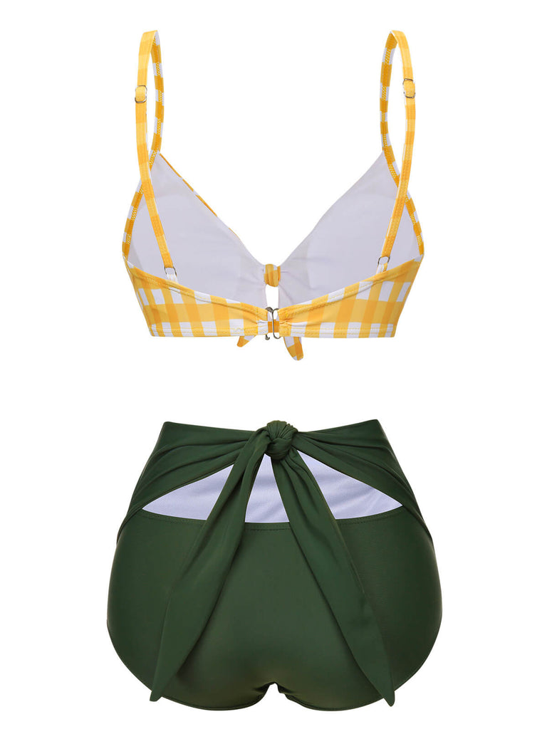 Gelb & Grün 1950er Plaid Bogen Bikini Set