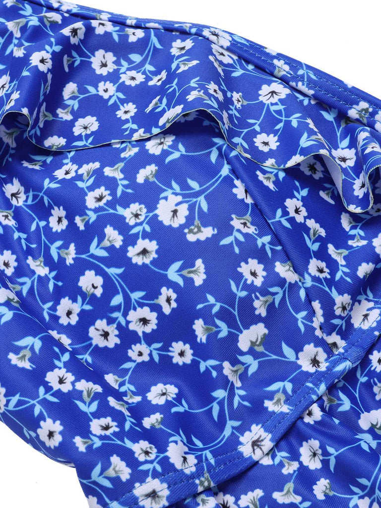 Blau 1950er Blumen Rüschen Einteiliger Badeanzug