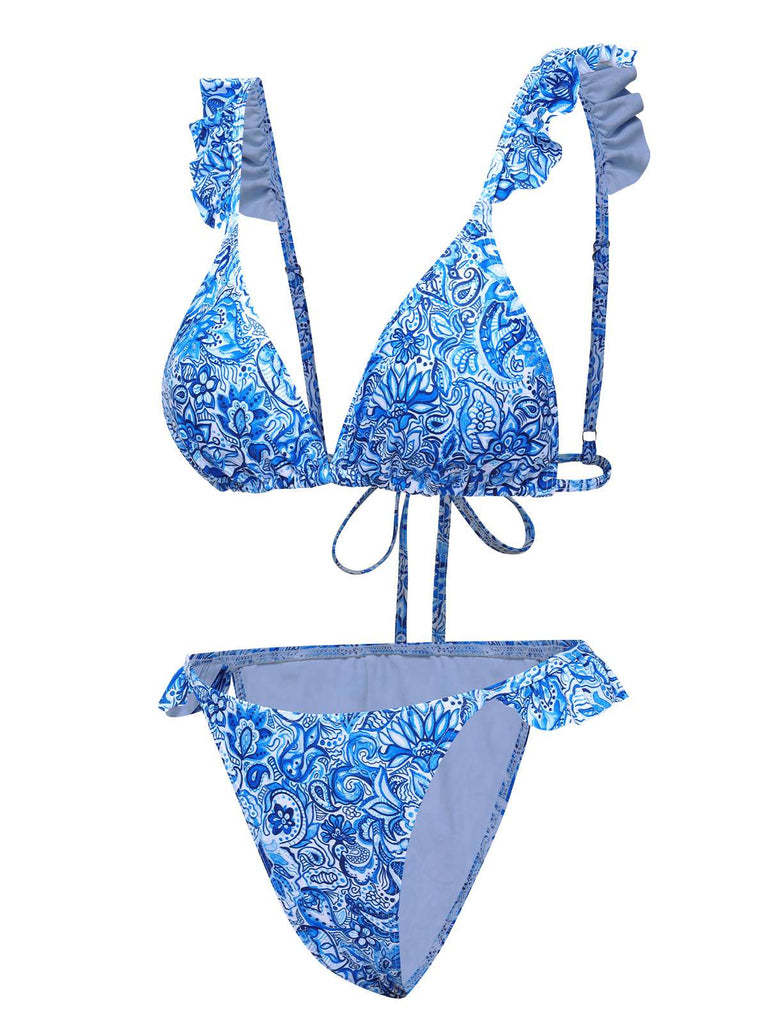Blau 1950er Paisley-Print Rüschenbesatz Triangle Bikini Badeanzug