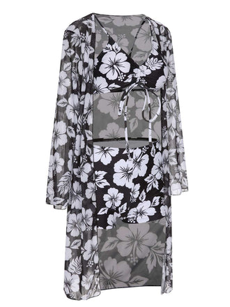 2PCS Schwarz 1950er Blumen Badeanzug & Cover-Up