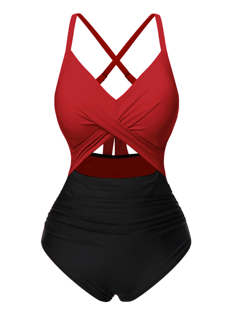 Rot 1940er Hohl Taillen Patchwork Badeanzug