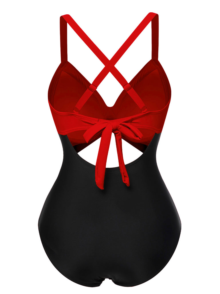 Rot 1940er Hohl Taillen Patchwork Badeanzug