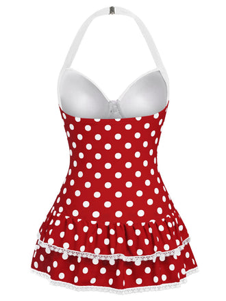 Rot 1940er Halter Polka Dots Schleife Einteiliger Badeanzug