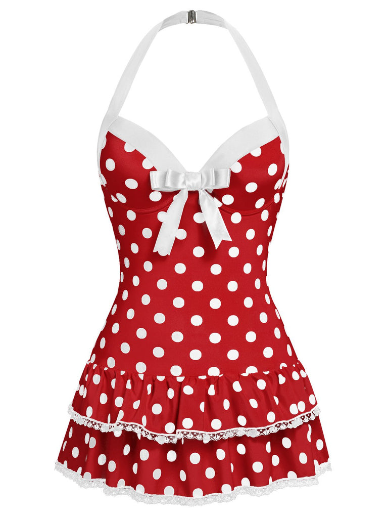 [Vorverkauf] Rot 1940er Polka Dots Halter Einteiliger Badeanzug