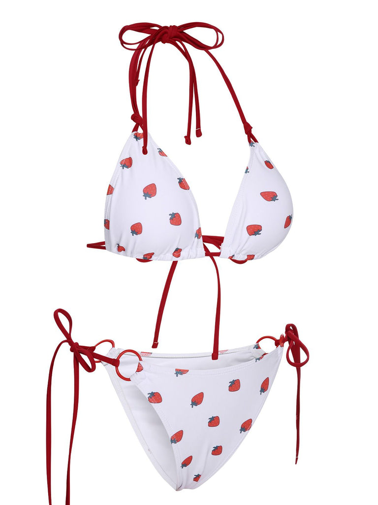 Weiß 1960er Erdbeere Schnürung Hater Bikini Set