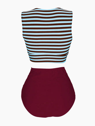 Blau & Rot 1970er Streifen Taille Binden Patchwork Badeanzug