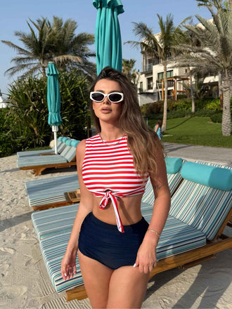 Rot & Blau 1970er Streifen Taille Binden Patchwork Badeanzug